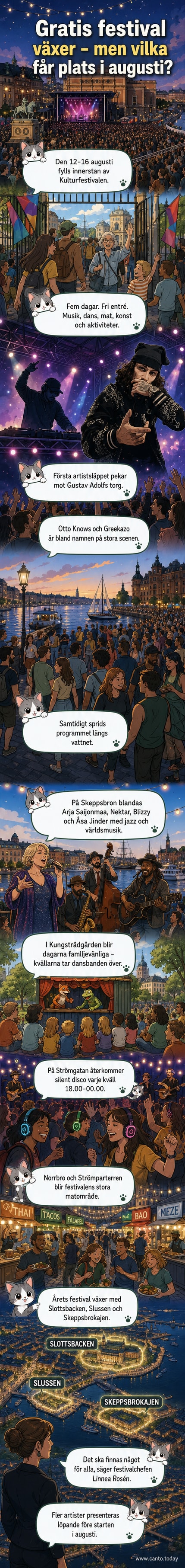 Festivalscen i centrala Stockholm med ljus och folk, förberedelser inför Kulturfestivalen.