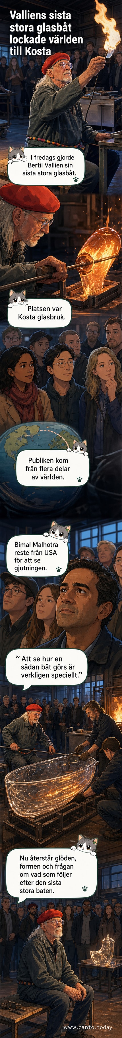 Bertil Vallien står vid ugnen vid Kosta glasbruk under gjutningen av sin sista stora glasbåt, omgiven av åskådare och glödande glas.