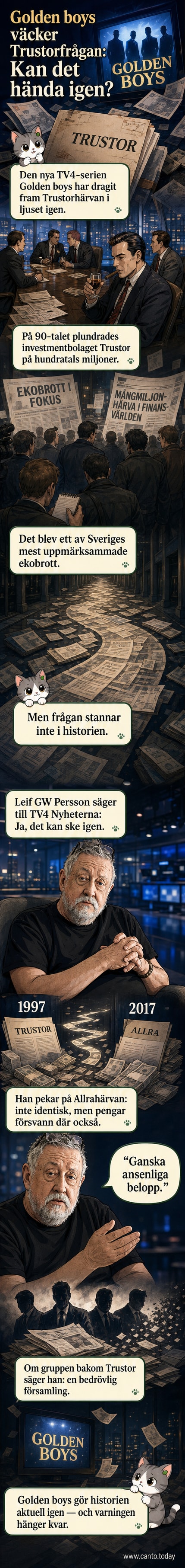 En stillbild från TV4-serien 'Golden boys' med män i kostym från 90-talet, omgiven av text om Trustor-härvan och varning från Leif GW Persson.