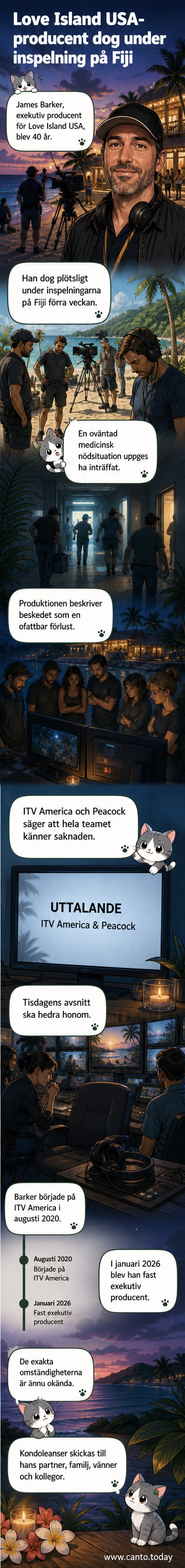 En stillbild från 'Love Island USA' med text om producentens död under inspelningarna på Fiji.