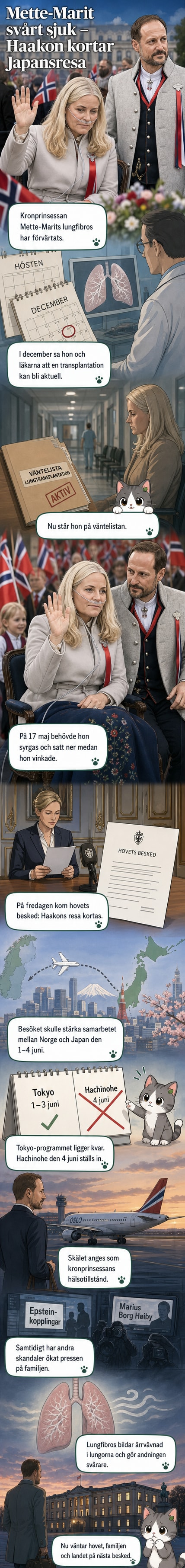 Illustration av kronprins Haakon som lämnar ett möte i Japan med bekymrat ansiktsuttryck, med en telefon i handen och en resväska bredvid.