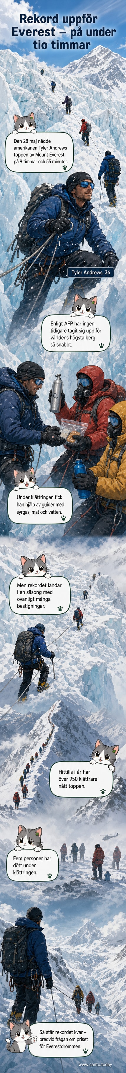 Illustration av en klättrare mot himlen från Mount Everests sida, med snövindar och ett svagt solsken ovanför toppen.