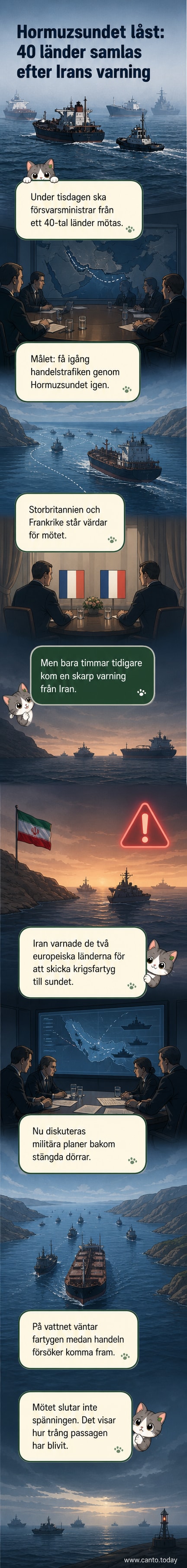 Illustration av militärfartyg i Hormuzsundet med representationer av flera nations flaggor, omgivna av spända vatten och handelsrutter.