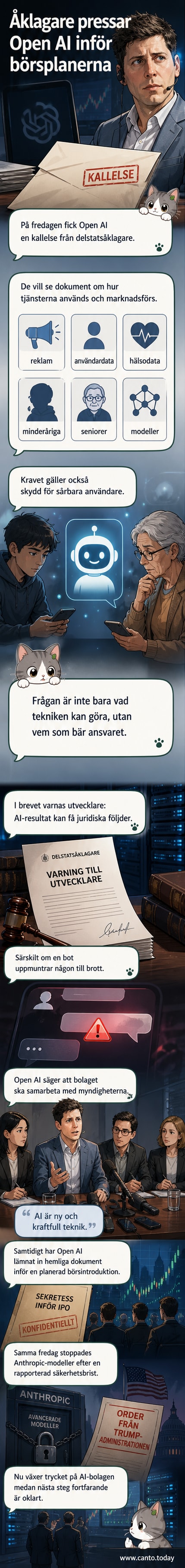 Illustration av en robot med förstoringsglas ovanpå, där en åklagare granskar dokument med rubriken 'OpenAI' och varningstexter om sårbara användare och juridiskt ansvar.
