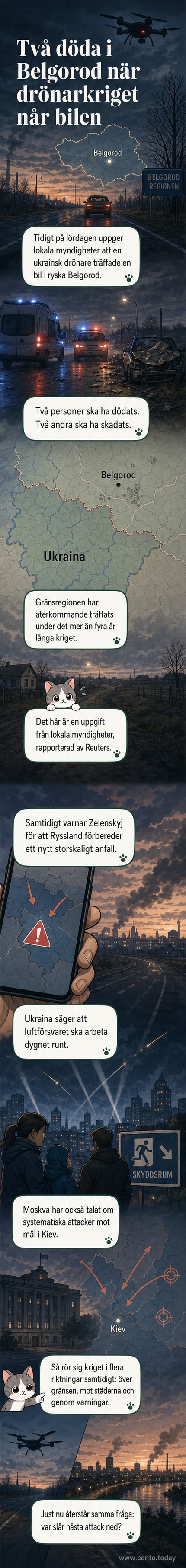 Illustration av en drönarattack i en skogsdunge nära en väg i Belgorod, med en bil skadad efter nedslag.