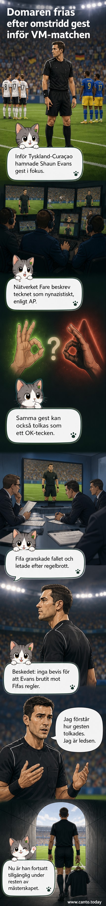 Fotbollsdomaren Shaun Evans står på planen med handen längs benet i en cirkelgest – en situation som väckte debatt om symboltolkning.