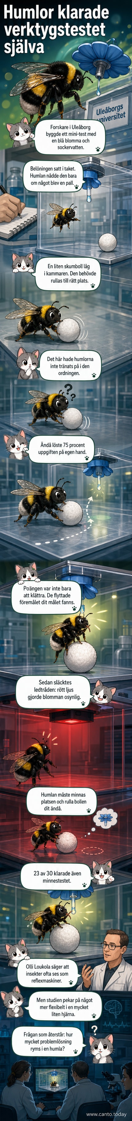 En humla klättrar upp på en liten skumboll under en konstgjord blomma i ett genomskinligt experimentutrymme.
