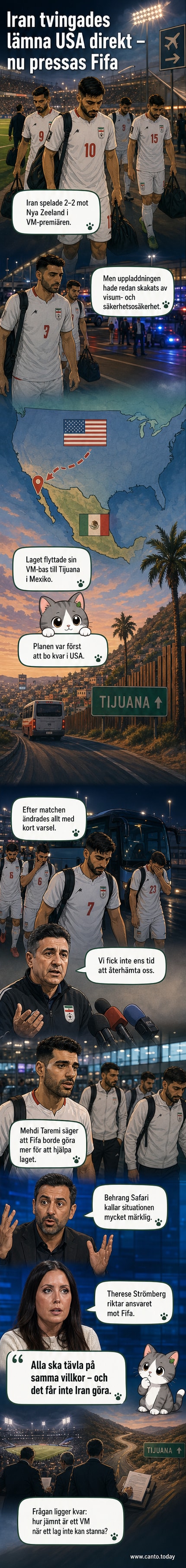 Fotbollsplan med iranska fans i bakgrunden, spelare lämnar planen efter match.