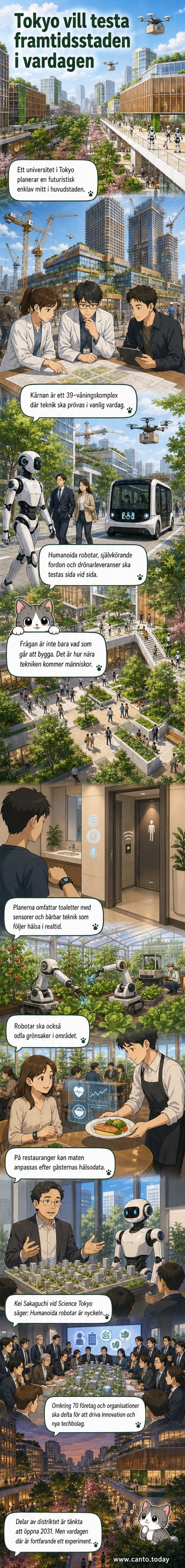 En konstnärsvision av en futuristisk stadsdel i Tokyo med humanoida robotar, drönare i luften och smarta byggnader, omgivna av grönskande zoner och digitala skyltar.