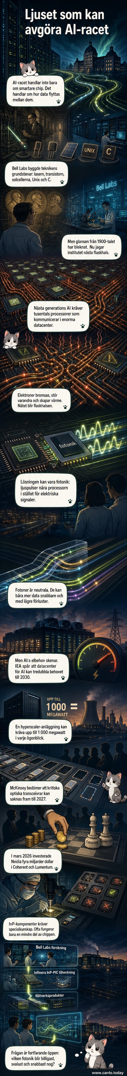 Illustration av en fotonisk integrerad krets som skickar ljuspulser mellan processorer i ett datacenter, med Nokia Bell Labs laboratorium i bakgrunden.