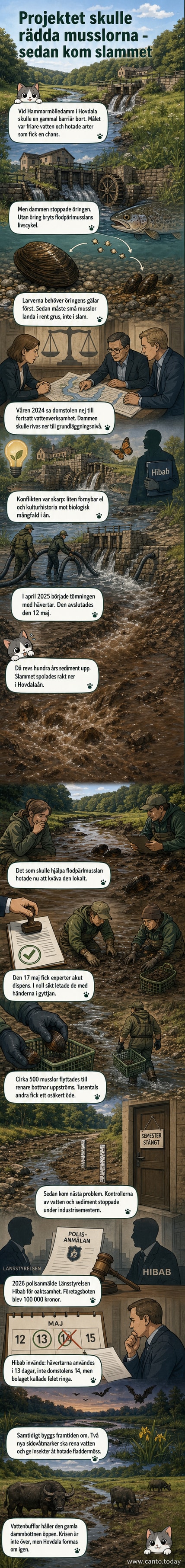 Illustration av biologer som känner sig fram i en lerig å för att rädda flodpärlmusslor, med en vattenbuffel i bakgrunden och en rivningsplats i fjärran.