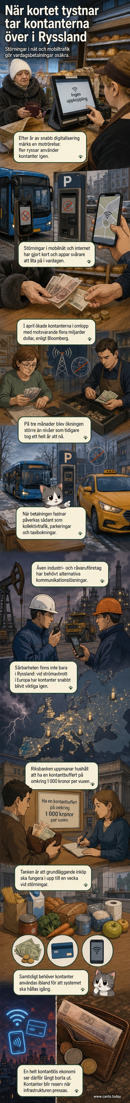 En hand räcker fram kontanter framför en mobiltelefon med röd felmarkering – symbol för att digitala betalningar sviktar och kontanter återvänder.