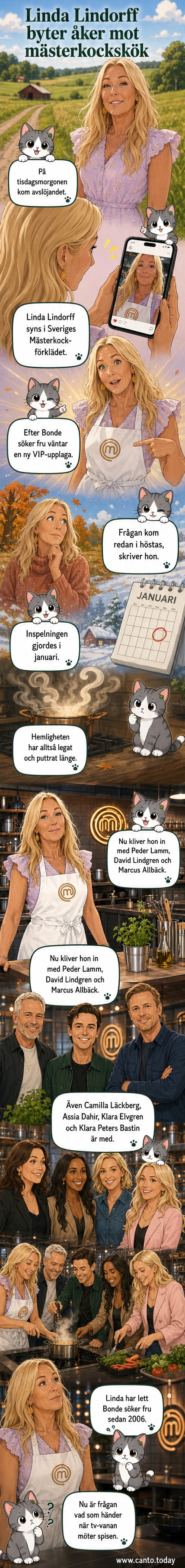 Linda Lindorff i vitt förkläde med logga för 'Sveriges mästerkock', ler mot kameran i en köksscen.