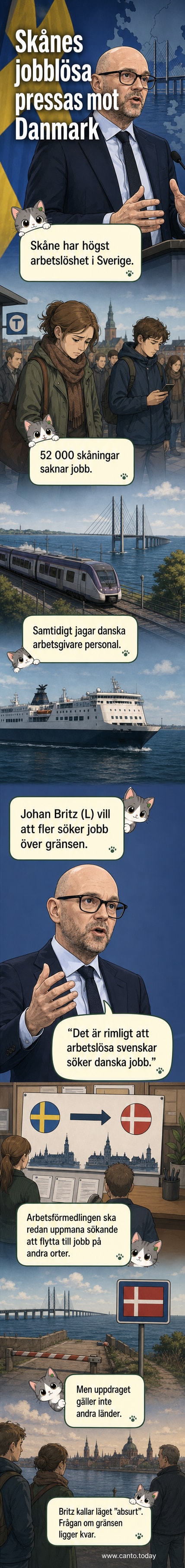 En karta som visar Skåne och södra Danmark med pilar som rör sig över gränsen, symboliserande arbetslösa skåningar som söker jobb i Danmark.