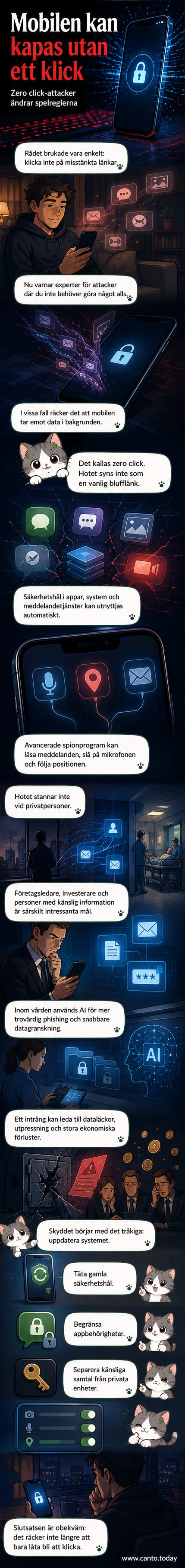 En mobiltelefon med röd lösning runt skärmen som symboliserar osynlig intrång utan användarens interaktion, med ikoner för meddelanden, mikrofon och positionsspårning i bakgrunden.
