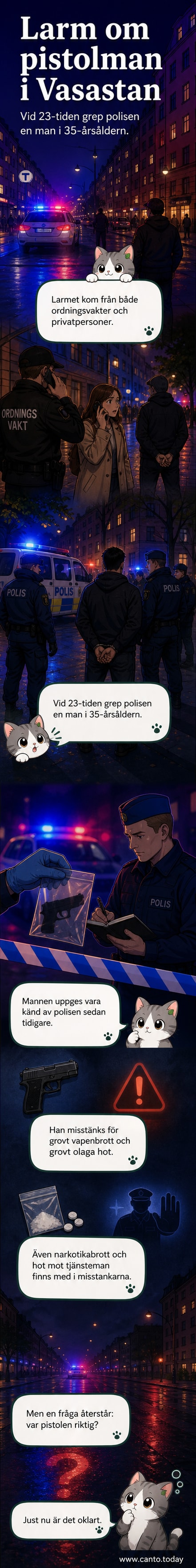 Polisbilar utanför ett hus i Vasastan under nattens gripande av en man misstänkt för flera brott.