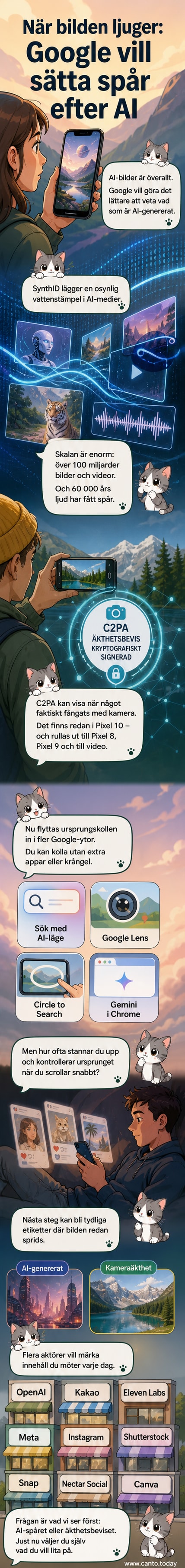 En mobilskärm visar en pixelkamera som fotograferar en scen, medan en annan skärm visar AI-genererade bilder med osynliga etiketter – två sätt att skilja på riktigt och konstruerat innehåll.