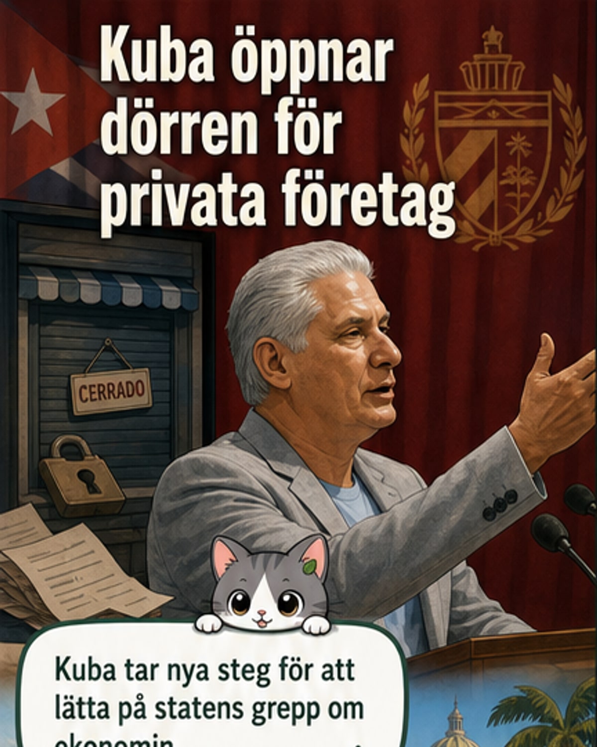 En stiliserad illustration av Havanna med små företag i förgrunden och statsbyggnader i bakgrunden, symboliserande ekonomisk omvandling.