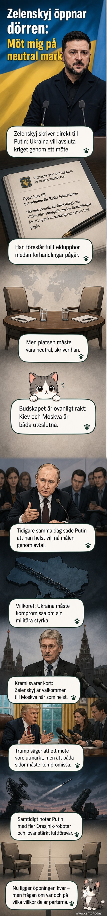 Illustration av Zelenskyj och Putin som står på var sin sida av en karta över Ukraina, med en olöslig gräns mitt emellan.