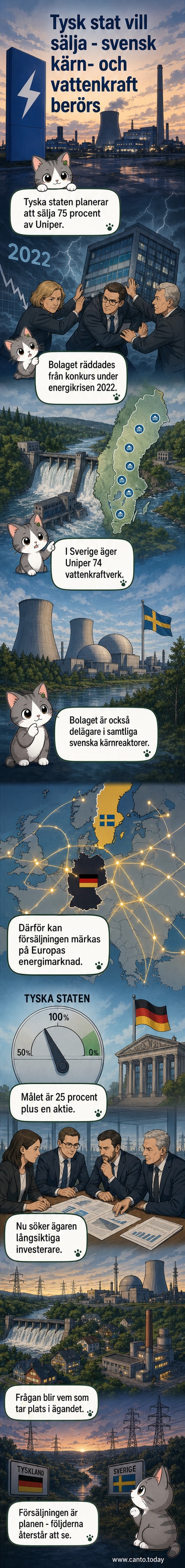 Illustration av en vindkraftspark och kärnkraftverk med Tysklands och Sveriges flaggor, symboliserande den planerade försäljningen av Uniper.
