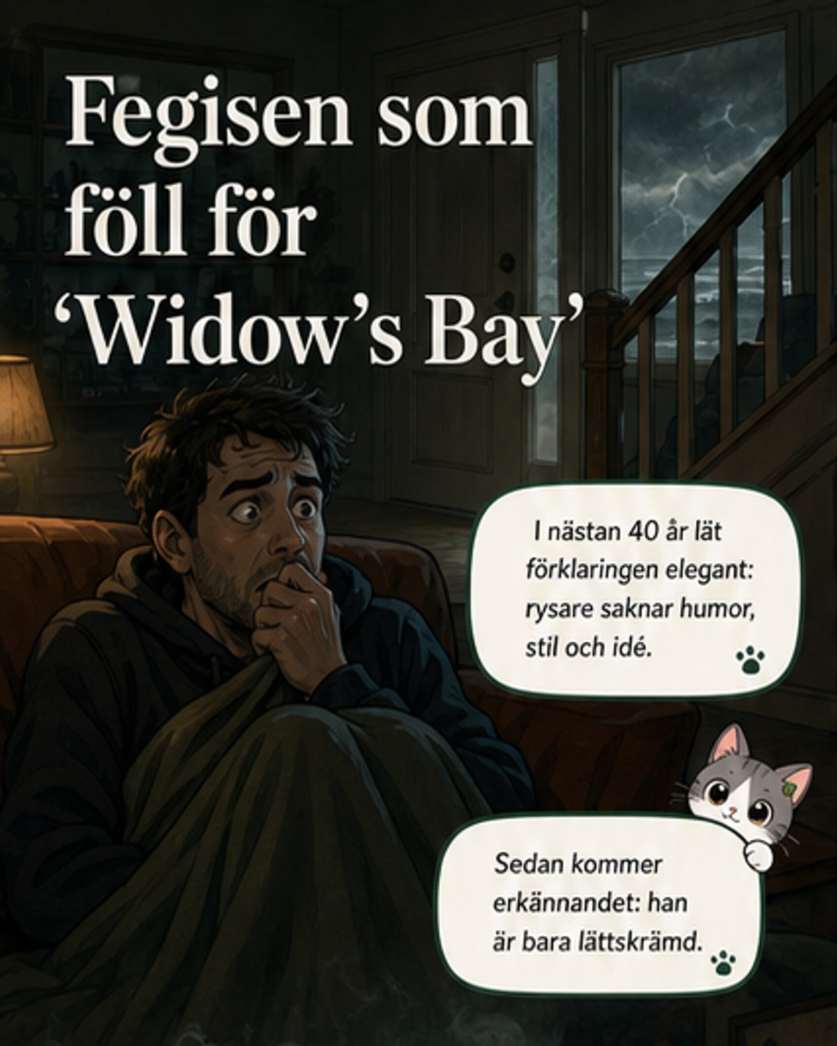 Två karaktärer står vid havet vid kvällningen, blickar ut mot mörkret med spänd kroppsspråk, omgivna av en öde, dimmig kustlandskap.