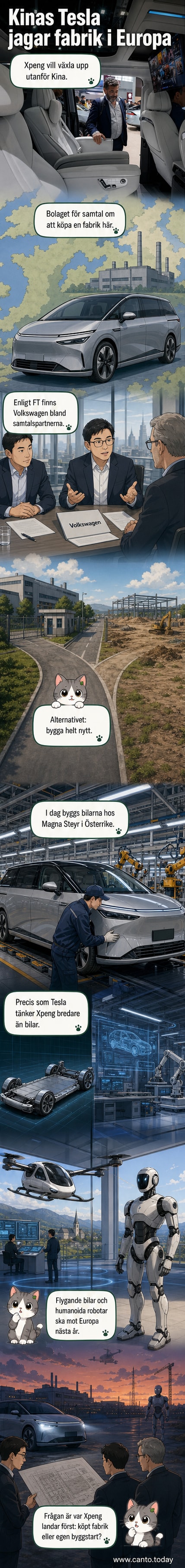 En Xpeng X9 MPV parkerad framför ett fabriksområde, med europeiska flaggor i bakgrunden.