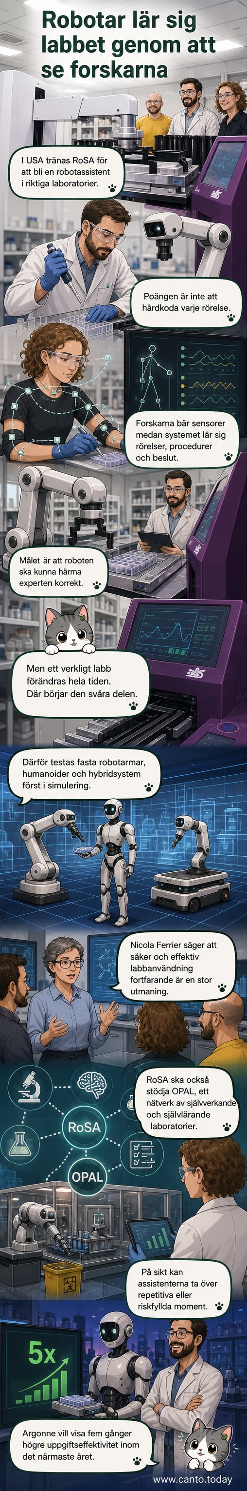 En AI-driven robot i ett laboratorium observerar en forskare som arbetar vid ett experimentbord med provrör och utrustning.