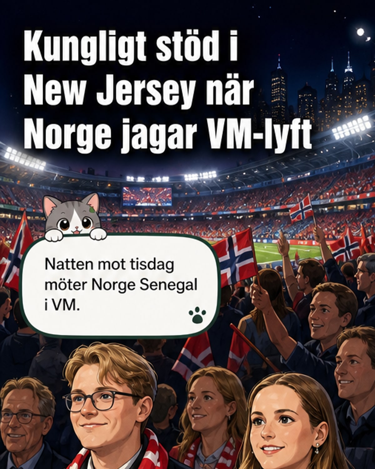 Prinsessan Ingrid Alexandra och prins Sverre Magnus sitter på läktaren i New Jersey och stödjer Norges fotbollslag under VM-matchen mot Senegal.