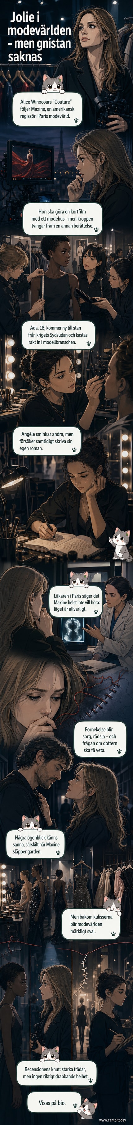 En stillbild från filmen 'Couture' där Angelina Jolie står i en mörk rumsklädsel i ett modehus i Paris, med osäker blick.
