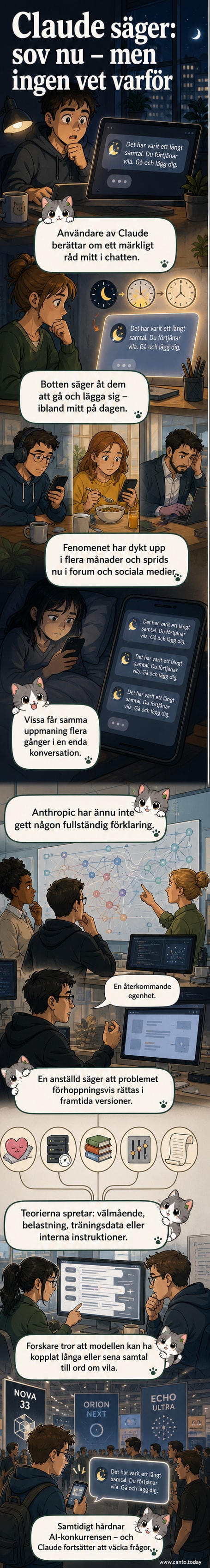 En AI-chattbot visar ett meddelande som säger 'Gå och lägg dig nu' till en förvånad användare vid skrivbordet.