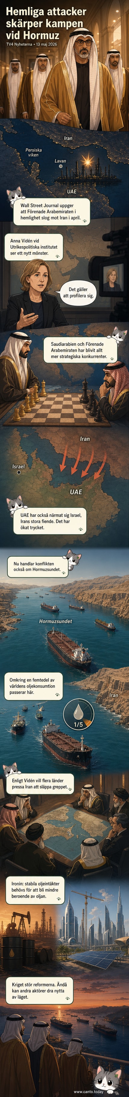Illustration av oljetanker i Hormuzsundet med militära symboler som markerar spänning mellan Iran och Förenade Arabemiraten.