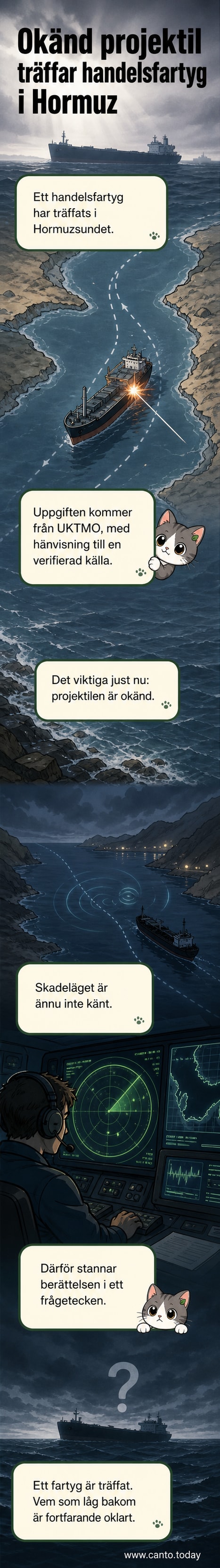 Illustration av ett handelsfartyg i Hormuzsundet med en explosion i närheten, symboliserande en attack.