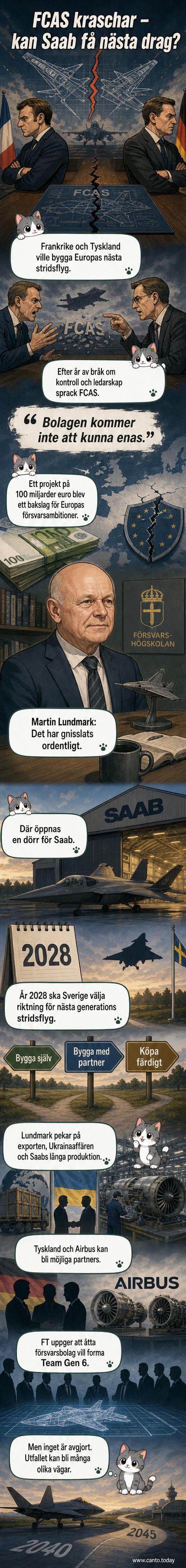 Illustration av ett modernt stridsflygplan i flyg med Saabs logotyp, bakom en kraschad flygplansmodell med fransk och tysk flagga