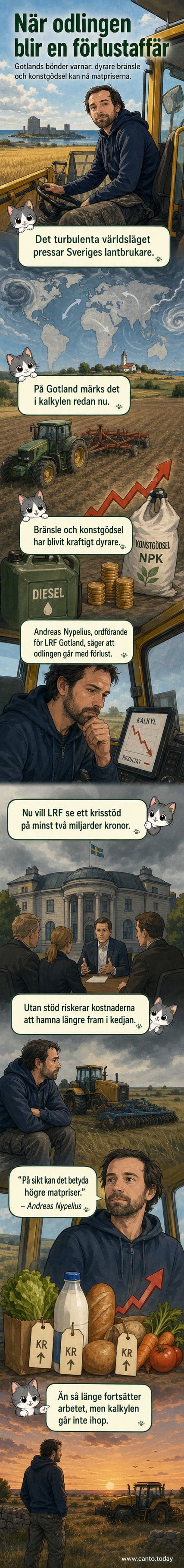 En bonde står i en åker under ett gråmolnigt väder, med en traktor i bakgrunden. Texten 'Världsläget hotar matpriserna' visas ovanpå bilden.