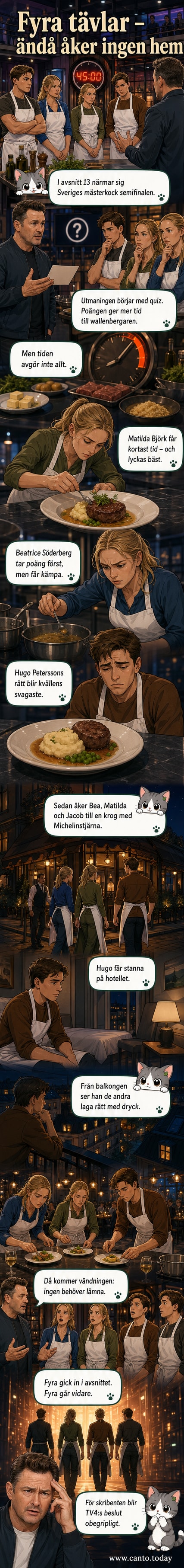 Fyra tävlande står i köket i Sveriges mästerkock, en av dem tittar från balkongen medan de andra lagar mat i ett Michelin-inspirerat avsnitt.
