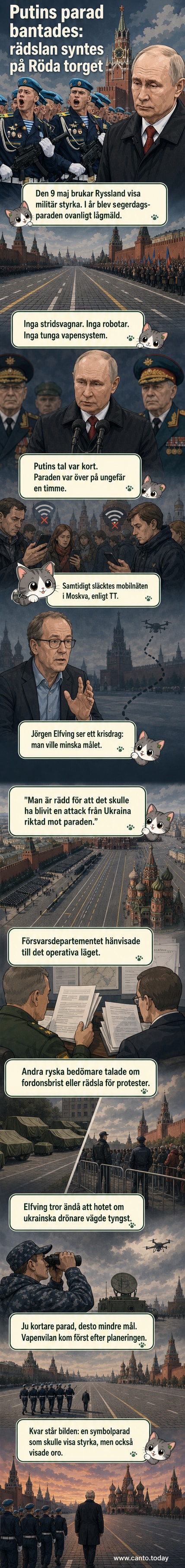 Vladimir Putin står på Röda torget under en sparsamt besatt militärparad med nordkoreanska soldater och inga stridsvagnar i sikte.