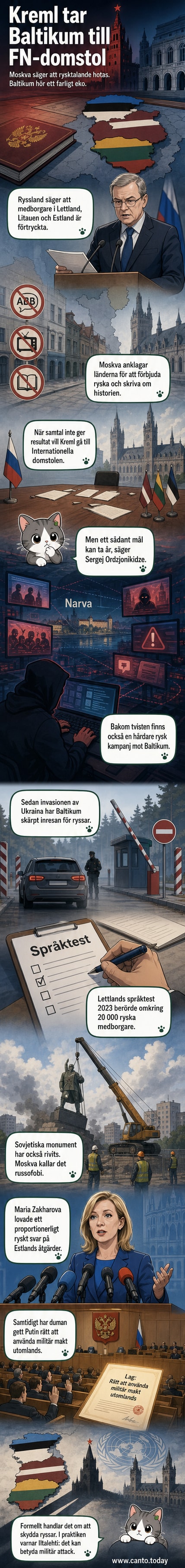 Illustration av en rysk diplomat som riktar finger mot en karta över Baltstaterna, med symboler för domstol och militär närvaro i bakgrunden.
