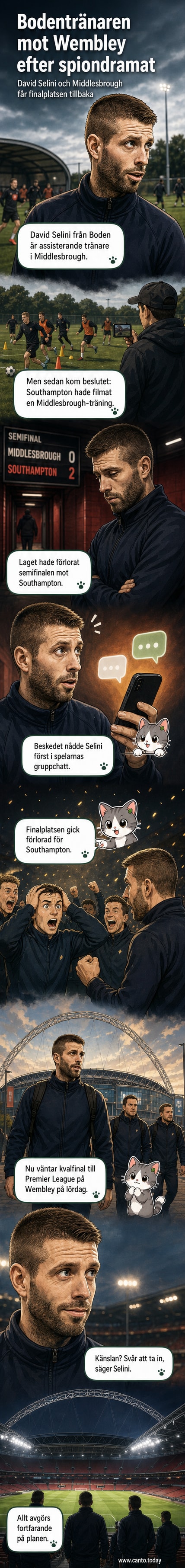 Assisterande tränaren David Selini från Boden står på sidlinjen vid en fotbollsmatch, omgiven av spelare och ledarstab.