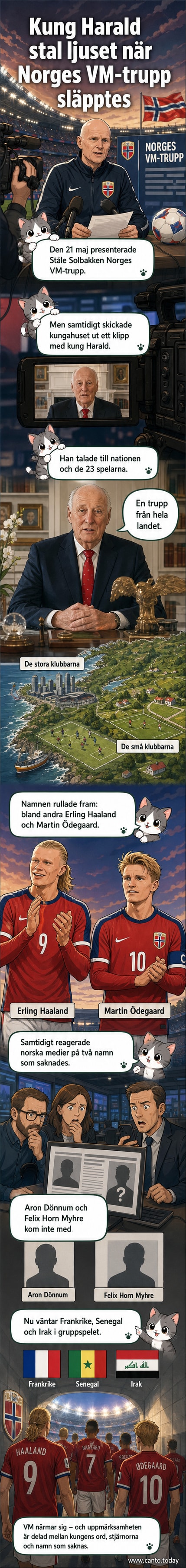 Illustration av kung Harald som talar till fotbollsspelare med Norges flagga i bakgrunden
