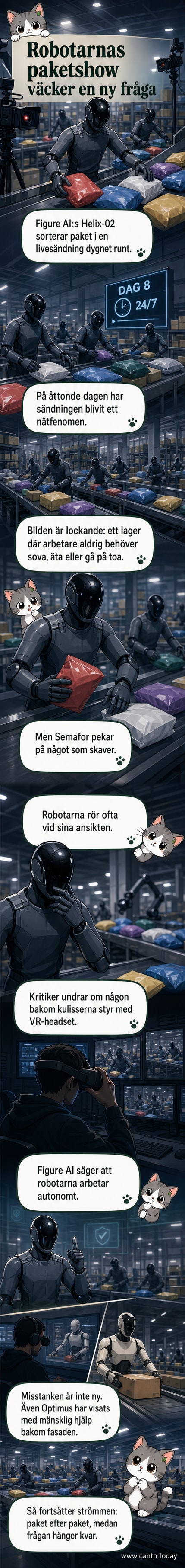 En stillbild från en livestream där humanoida robotar i ett lagerlokale sortera paket på ett löpande band, med skärmtext som anger att det är en kontinuerlig sändning från Figure AI.