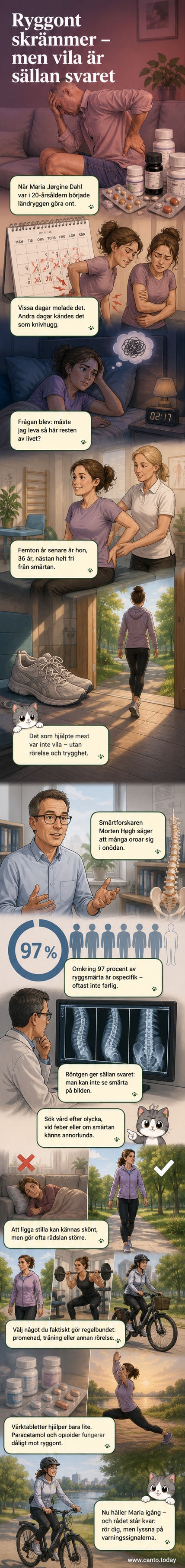 En person går i skogen under solig dag, med ryggsäck, symboliserande rörelse som lindring vid ryggont.