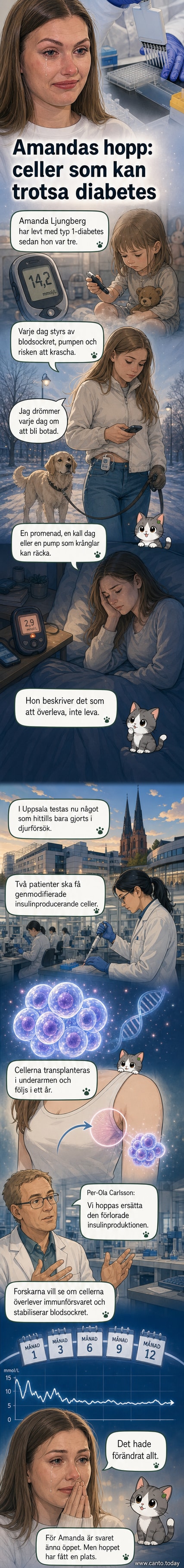 Illustration av en människa med celler i bukspottkörteln som producerar insulin, med en liten insats i underarmen där nya celler har transplanterats.