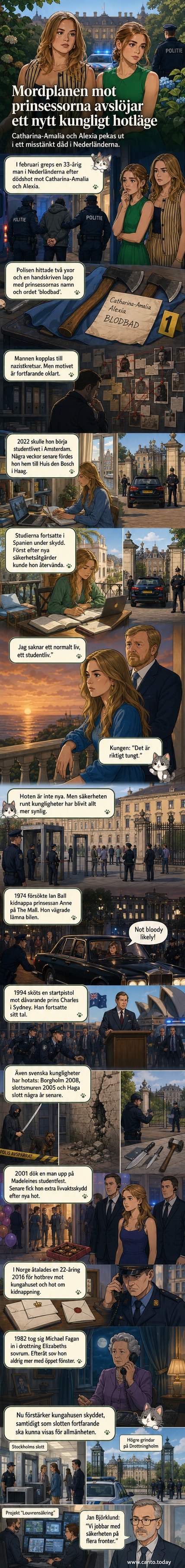 Illustration av en kunglig port med bevakning, mörka skuggor och hotande symboler i bakgrunden.