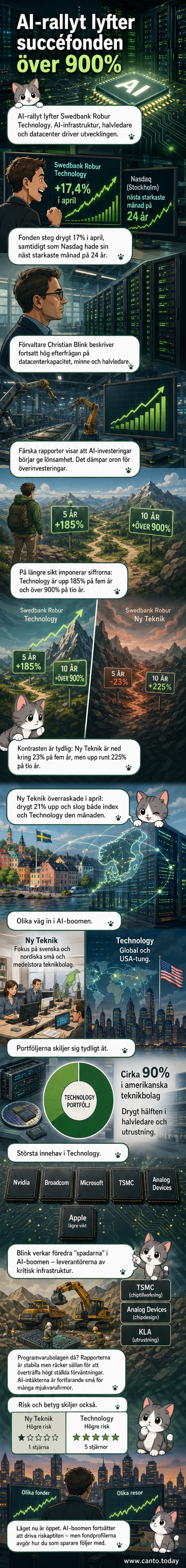 Illustration av två investeringsfonder där den ena stiger kraftigt i värde tack vare AI-teknik, medan den andra presterar svagt trots liknande inriktning.