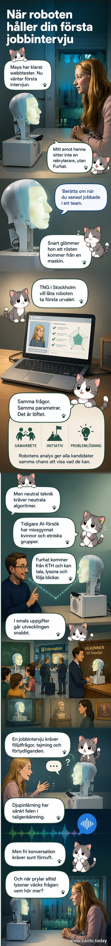 En robot med ett uttrycksfullt ansikte sitter vid ett bord och leder en jobbintervju med en kvinna.