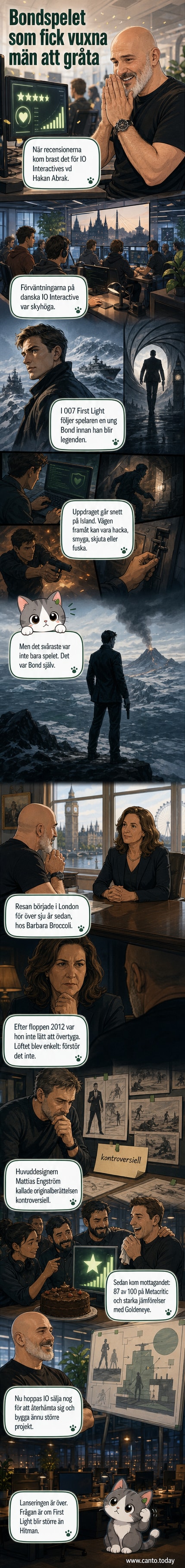 IO Interactives vd Håkan Abrak står vid en scen med tårta under lanseringen av "007 First Light". Bakom honom syns en stor skärm med spelskärm från spelet.