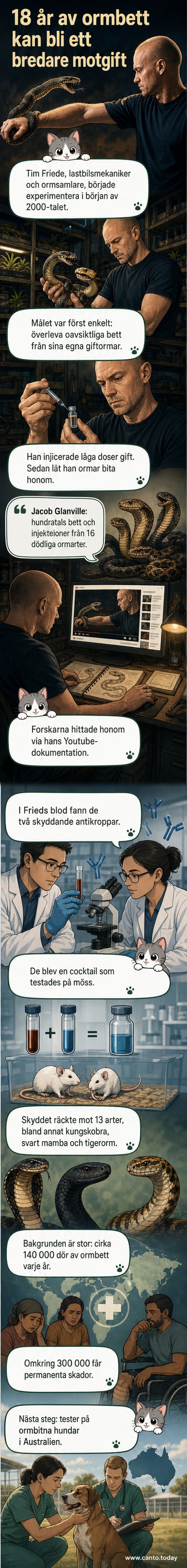 Man står lugnt bredvid en giftorm i glasbur, med armen utsträckt. I bakgrunden syns laboratorieutrustning och anteckningar över immunreaktioner.