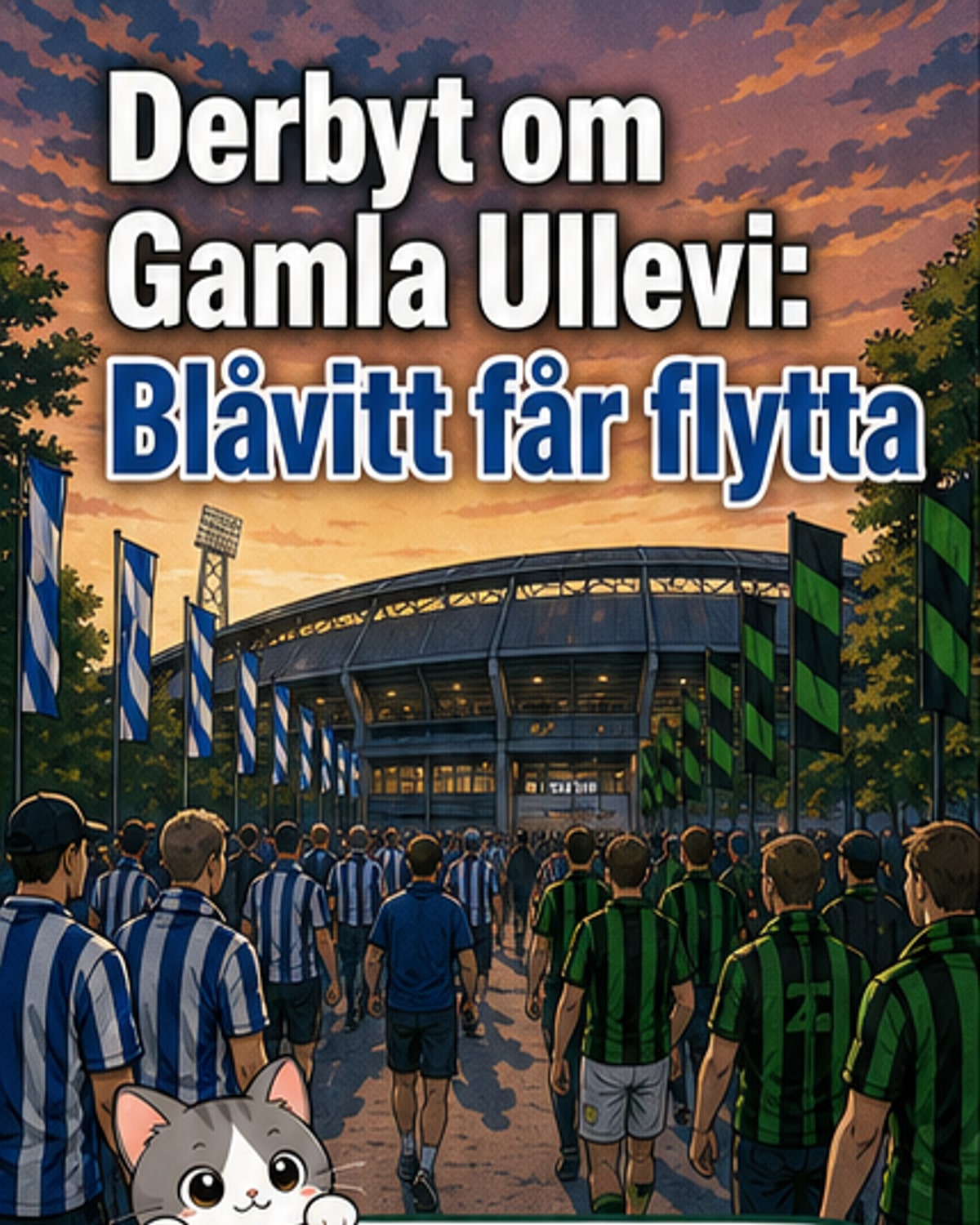 Illustration av två fotbollslag från Göteborg på en stadion, med spelare i blåvitt och grönvitt dräkter som förhandlar om datum på en kalender.