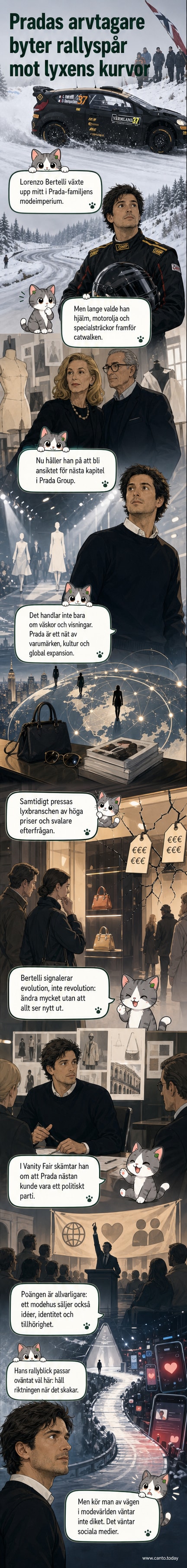 Illustration av Lorenzo Bertelli i kavaj med racerbilsstyrning i bakgrunden, symboliserande övergången från motorsport till modeledarskap.