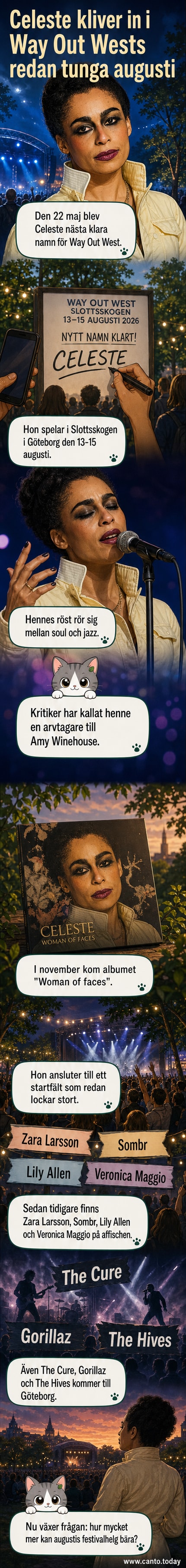Celeste på scen med mikrofon i hand, klädd i mörk klänning, med Way Out West-loggan i bakgrunden.